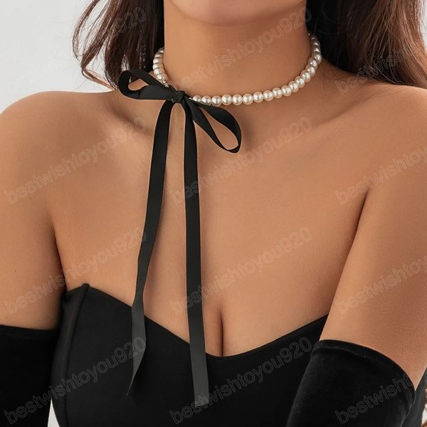 Elegante collar de gargantilla con lazo de cinta de terciopelo negro para mujer, cadena de clavícula de perlas de imitación para boda, accesorios Y2K