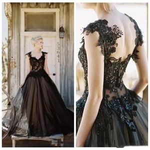 Elegant Black Vintage Tulle en dentelle Applique A-Line Robes de mariée bon marché Gothic Backless Long Long Bridal Bridal Custom
