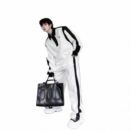 Élégant noir blanc couleur Ctrast sport chemise ensemble LG manches polo chemise pantalons de survêtement deux pièces ensemble décontracté beau survêtement J9kL #