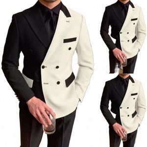 Élégant Noir Blanc Hommes Costume Slim Fit Peak Revers Double Boutonnage 2 Pièces Formel Marié Mariage Tuxedos Blazer + Pantalon Costume Homme L8PJ #