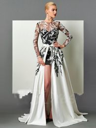 Élégant noir blanc sirène robes de bal bijou cou dentelle appliques haut côté fendu robes de soirée balayage train robe formelle robes de fiesta