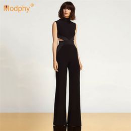 Elegante zwarte vrouwen bandage jurk sexy mouwloze holle bodycon beroemdheid avondfeestbaan wijd been jumpsuits 210527