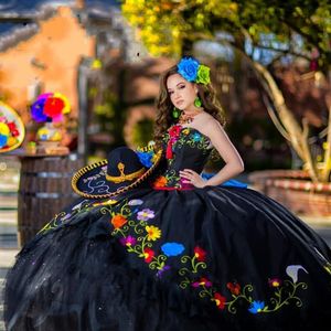 Elegant Blackembroidery Quinceanera jurken Charro veter corset pailletten zoet 15 Mexicaanse Gilrs prom jurken vestido de xv anos