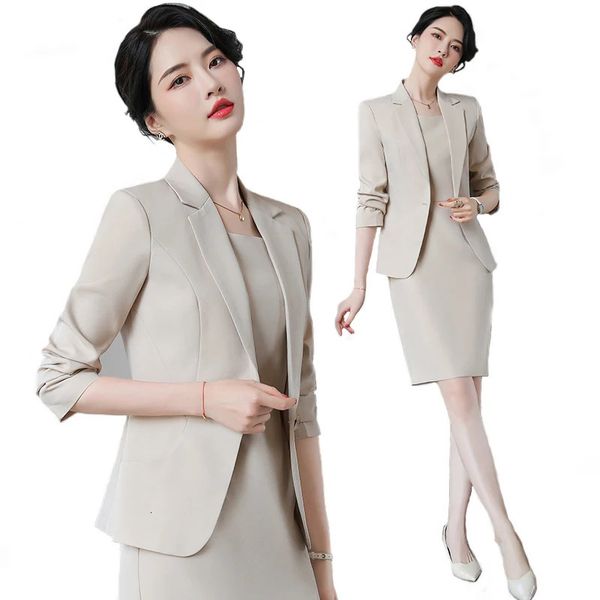 Élégant Blazer robe costumes femmes affaires travail uniforme bureau dame professionnel deux pièces ensemble costume robe femme mode 240129