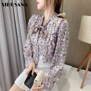 Elegante blouses vrouwen ruche chiffon shirts lente herfst casual gedrukte bloemen pullover tops lange mouw V-hals Blusas 210423