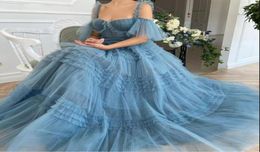 Elegant Blue A Line Prom Dresses Long Sweetheart Spaghetti Braps Tule Ruffles Tiered Formal Dress Evening Party Dress Custom Mad8207322