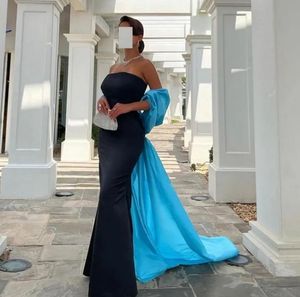 Elegant Blauw/Back Avondfeestjurk 2024 Afneembare Trein Zeemeermin Strapless Geplooid Satijn Dames Gala Celebrity-jurken Arabisch Robe De Soiree