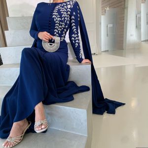 Robes de soirée perlées bleues élégantes avec Cape bijou cou à manches longues arabe Dubaï robe formelle bouton avant tenue de soirée musulmane