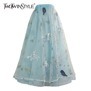 Elegante blauwe borduurwerk patchwork mesh rok voor vrouwen hoge taille casual midi rokken vrouwelijke zomer mode 210521