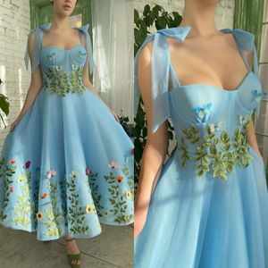 Élégant bleu robes de retour Spaghetti fleur feuille appliques printemps robe de soirée de bal cheville longueur robe de retour une ligne