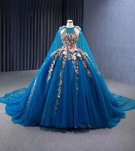 Elegante blauwe kanten appliques o-neck baljurk Quinceanera jurken schouder met wrap beading parels Appliques 3d bloemen prom avondfeestje verjaardagsjurken