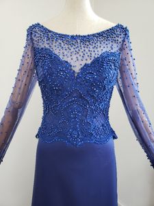 Elegante vestido de noche azul de manga larga de sirena con cremallera en la espalda de tul satinado con bordado floral con cuentas vestidos de baile