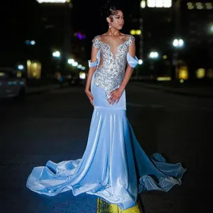 Elegante Blue Mermaid Prom -jurken voor zwarte meisjes 2024 Rhinestone Crystal Birthday Party Jurken Vestidos de Fiesta