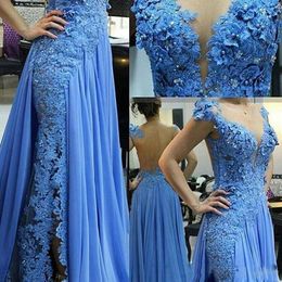 Elegante blauwe zeemeermin prom avondjurk lange kanten applique bloem met kralenparels plus maat op maat gemaakt