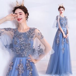 Elegante blauwe moeder jurk zeemeermin moeder van de bruid jurken kralen 3d bloemen appliqued kanten kanten korte mouwen vloer lengte op maat gemaakte bruiloft gastenjurken in de zomer