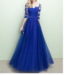 Robes mère de la mariée bleues élégantes, robe de soirée longue, avec dentelle florale, demi-manches, longueur au sol, robes de bal