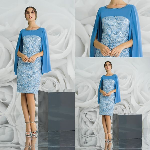 Élégant bleu mère de la mariée robes bijou cou gaine longueur au genou robes d'invité de mariage perlée à manches longues robe de mère formelle