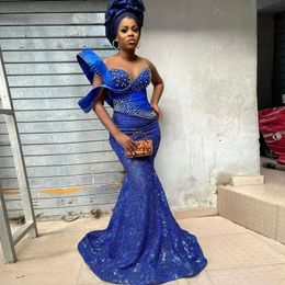 Elegante Blauwe Nigeriaanse Prom Jurken Handgemaakte Kralen Kant Afrikaanse Formele Ocn Jurk Plus Size Aso Ebi Bridal Party Jurken 322