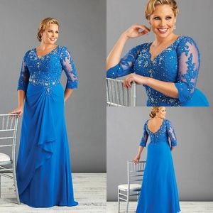 Elegante azul de talla grande vestidos de madre de novia moda con cuello en v hasta el suelo gasa encaje vestidos de noche formales para boda en la playa Manga con cuentas