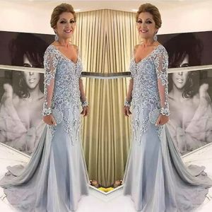Elegante blauwe zilveren moeder van de bruid jurken lange mouwen 2021 v nek godmother avondjurk bruiloftsfeest gastjurken nieuwe 202X