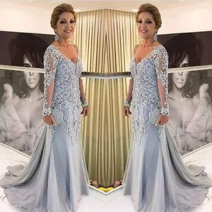 Elegante blauwe zilveren moeder van de bruid jurken lange mouwen 2021 v nek godmother avondjurk bruiloftsfeest gastjurken nieuw 256J