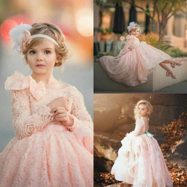 Élégant Blush Rose 3d Robes De Fille De Fleur Volants En Cascade À Manches Longues En Dentelle Première Sainte Communion Robe Filles Pageant Robes