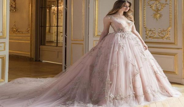 Élégant robe de soirée rose blush avec applique profonde vneck sans manches tulle longues robes de soirée formelles charmantes voir à travers le rouge car4683328