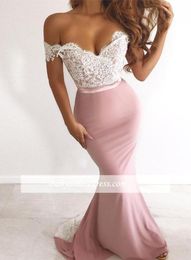 Elegante rubor rosa encaje apliques fuera del hombro vestidos de fiesta barato sirena vestido de noche largo formal vestidos de fiesta de dama de honor BM08403286287