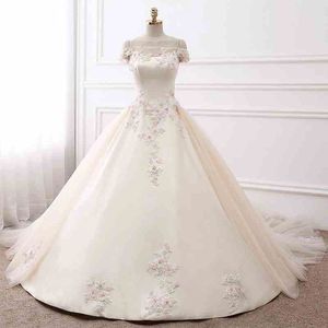 Vestido de novia elegante con cuello barco, corte en A, mangas con hombros descubiertos, vestidos de novia de encaje con flores en 3D de colores, se puede personalizar