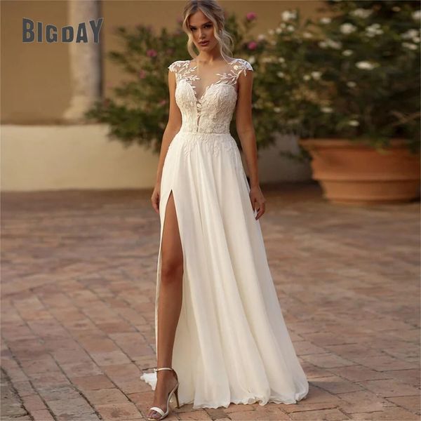 Elegante vestido de novia de encaje bohemio 2024 gasa con cuello redondo ilusión espalda playa lado dividido apliques vestido de fiesta nupcial Vestidos De Novia 240325