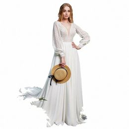 Élégant Boho Lg Puffy Manches De Mariage Dres Longueur De Plancher Col En V Une Ligne Robe De Mariée En Dentelle Appliques Robe De Novia M4sM #