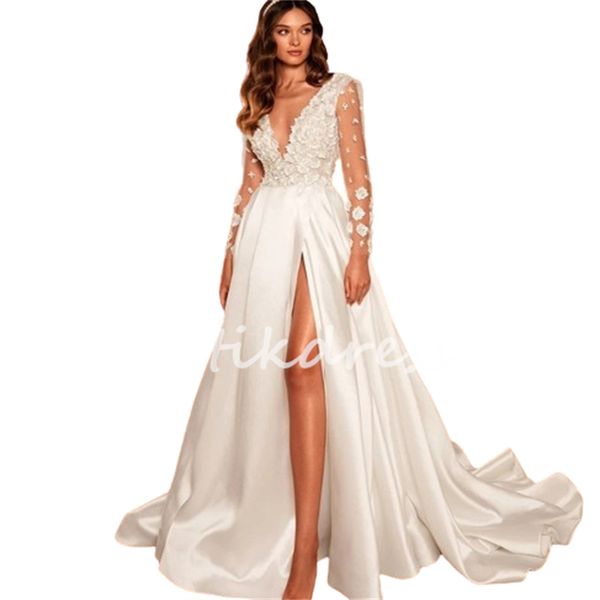 Robes de mariée boho élégantes Slit 2024 Sexy V cou de cou Backless Hippies celtiques Bohemian Robes de mariée à manches longues Civil Gatsby Destination Bride 3d Florals Mariage