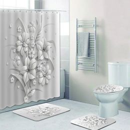 Elegant boeket van fantastische witte bloemen 3D-stijl douchegordijn bloemen badkamergordijnen met badmatten tapijt set woondecoratie 240108