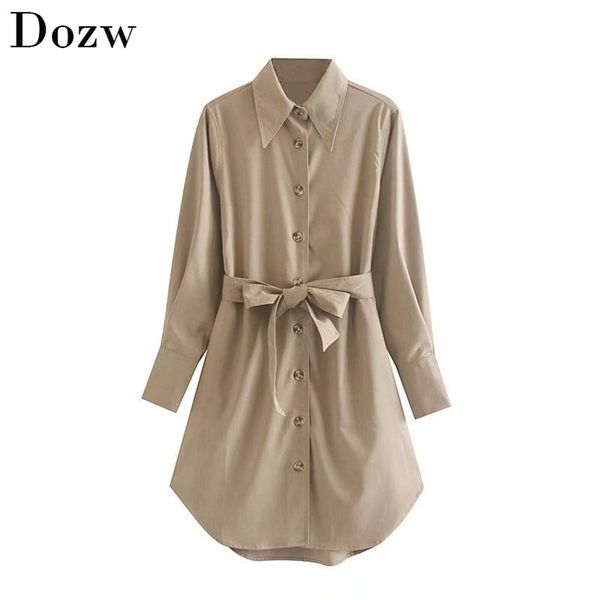 Elegante pajarita Fajas Camisa sólida Vestido Mujer Casual Cuello vuelto Oficina Midi Vintage Bolsillos de manga larga es 210515