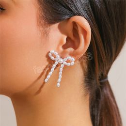 Boucles d'oreilles élégantes avec nœud papillon, Imitation de perles, Piercing, accessoires de bijoux de mariée pour femmes