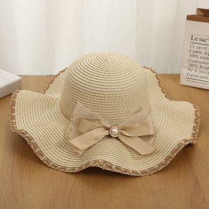 Elegante strik parel zon hoeden zomer outdoor reizen stro caps dames dome brede rand hoed
