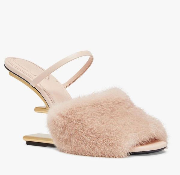 Elegant Brand First Sandalias de mujer Correa de cuero Zapatos de tacón alto grabados en forma de F Vestido de fiesta de metal dorado Muller Zapatillas con punta abierta EU35-43