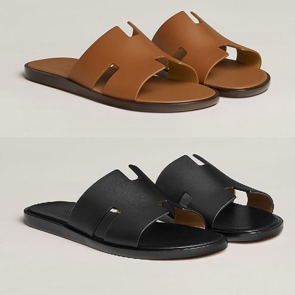 Élégante marque hommes été sandales pantoufles noires design de luxe tongs plates hommes CHAUSSURES cuir de veau véritable mode pantoufles de plage rayées AVEC BOÎTE 40-45