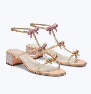 Elegant Merk Rene Caovilla Caterina Sandalen Schoenen Dames T-band Ontwerp Blokhak Kristallen Boog Dame Bruiloft Jurk Gladiator Sandalias EU35-43