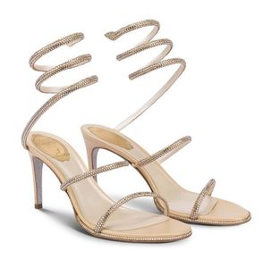 Marque élégante Renecaovilla CLEO Satin Sandales Chaussures Strass Couvert Serpent Tête Finition Soirée Talons Hauts Robe De Mariée Gladiator Sandalias EU35-43