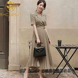 Marque élégante femmes vêtements été piste concepteur à manches courtes robe plissée mode col cranté robe avec ceinture 210515199P