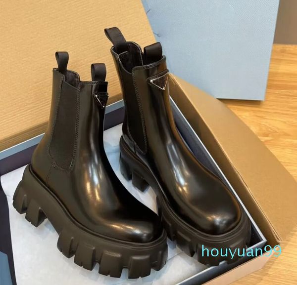 Marque élégante femmes Monolith Knight bottes bout rond noir cuir brossé plate-forme talons dame Martin botte en cuir de veau dame bottines de moto