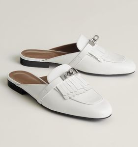 Marca elegante Mujer Oz Sandalias Zapatos Chapado en paladio Kelly Hebilla Mule Pisos Blanco Negro Marrón Señora Piel de becerro Zapatillas de cuero Casual Caminar EU35-42