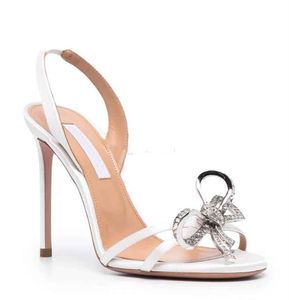 Elegante merken aquazzu babe sandalen schoenen vrouwen kristallen bogen verfraaid hoge hakken satijnen lederen pompen feest trouwjurk slingback EU35-43