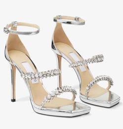 Marques élégantes Bing sandales chaussures femmes cristal à lanières talons aiguilles conception à bout carré dame Sandalias robe de mariée EU35-43