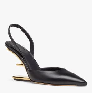 Elegante merken eerste sandalen schoenen vrouwen naakt zwart kalf lederen slingbacks f-vormige hakken jurk bruiloft goud gekleurd metaal puntige teen pumps eu35-43