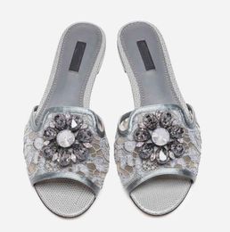 Marques élégantes Sandales en dentelle arc-en-ciel Chaussons Appartements Cristaux de fleurs Semelle en cuir de marque Glissière Embellissement orné de bijoux Mule Casual Marche EU34-43