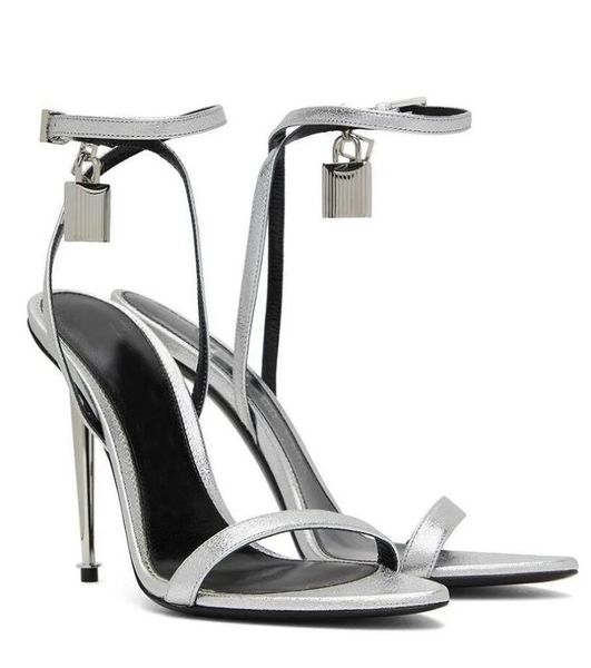 Marques élégantes femme desinger sandale Cadenas Pointu Nu noir Sandales Chaussures Femmes Serrure-et-clé Métal Stiletto Talons Hauts 100mm Sexy Lady Party Robe De Mariée EU35-43