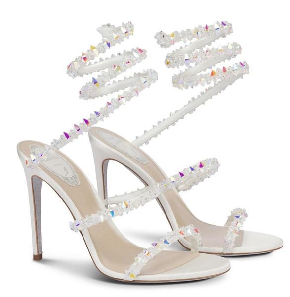 Élégant Brial Mariage Renecaovilla Sandales Chaussures Satin Congelé Bijou Perles Cristaux Bretelles Spirale Wraps Sangle Talons Hauts Fête De Mariage Dame Sandalias EU35-43box