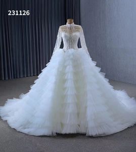 Elegante vestido de fiesta de boda nupcial vestidos de cola larga cuello alto brillante SM231126